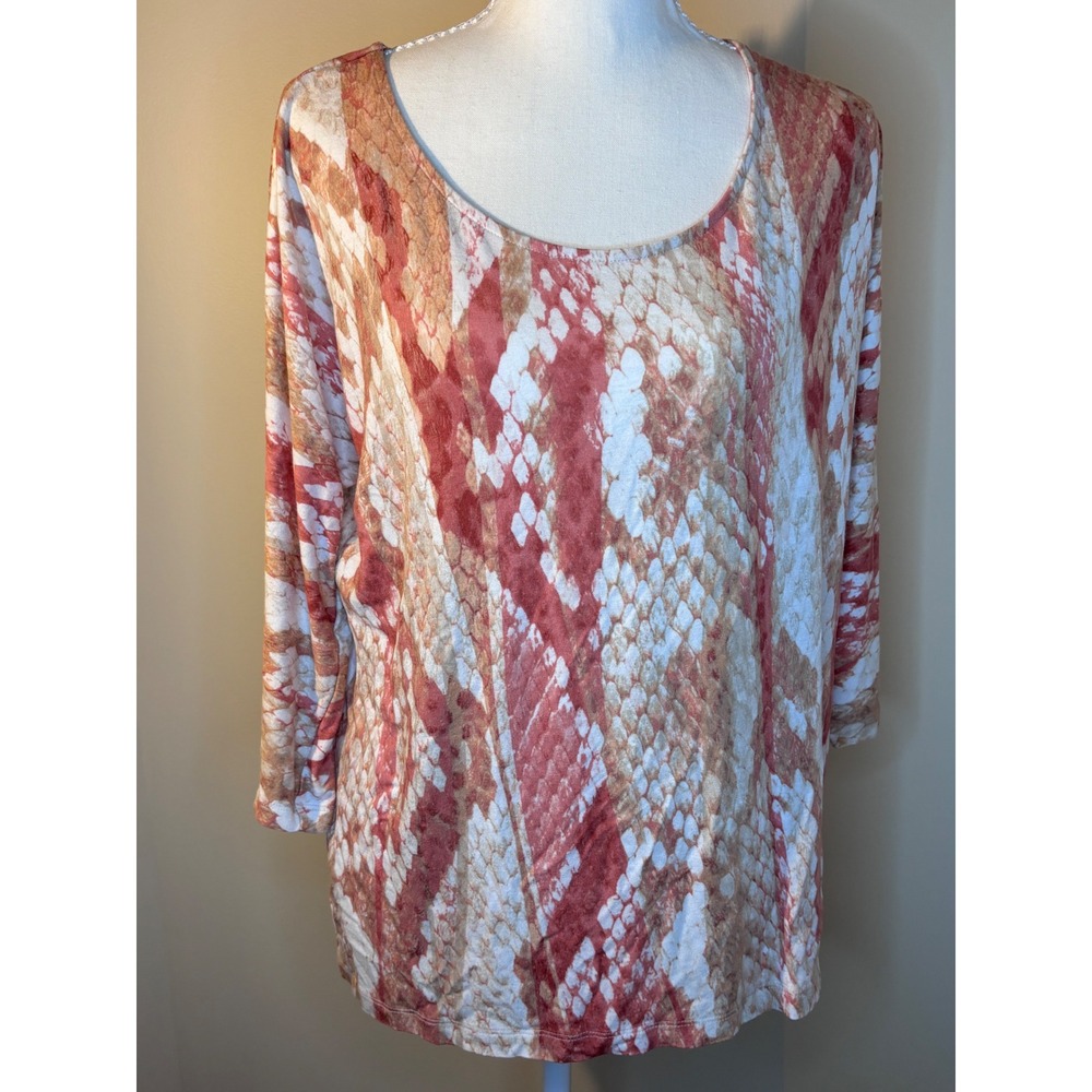 Chicos Snakeskin Animal Print Scoop Neck 3/4 Sleeve Top Terracotta Size 1 M